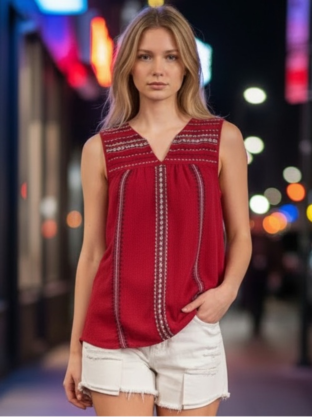 Red Sleeveless Embroidered V-Neck Women's Top